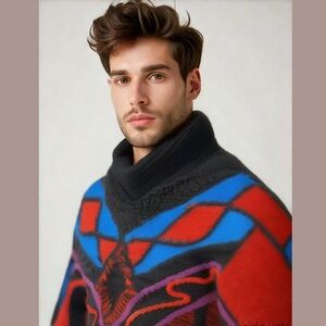 ** VTG 80s Wool Intarsia Multicolor Shawl Collar Pullover Sweater Size M